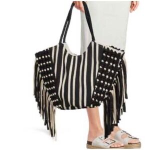 Twig & Arrow Black Cream Striped Fringe Boho Tote Bag Rope Handle New Coastal